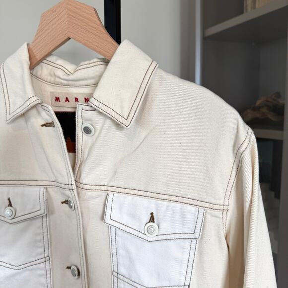 Marni Two Tone Denim Jean Trucker Jacket Neutral Beige Ivory Cropped Cotton 42 M - Picture 3 of 6